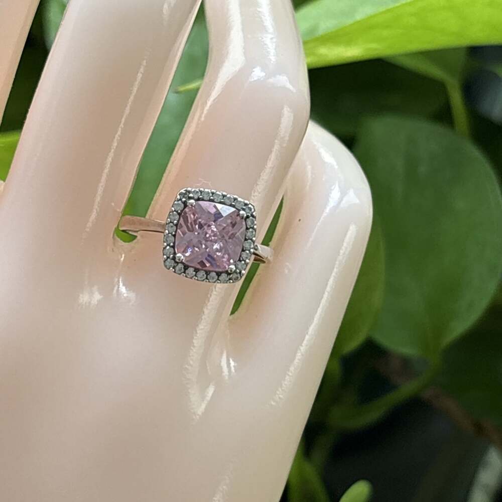 Cushion Cut Pink White CZ Halo Solitaire Ring Sterling Silver Size 7 MHJ